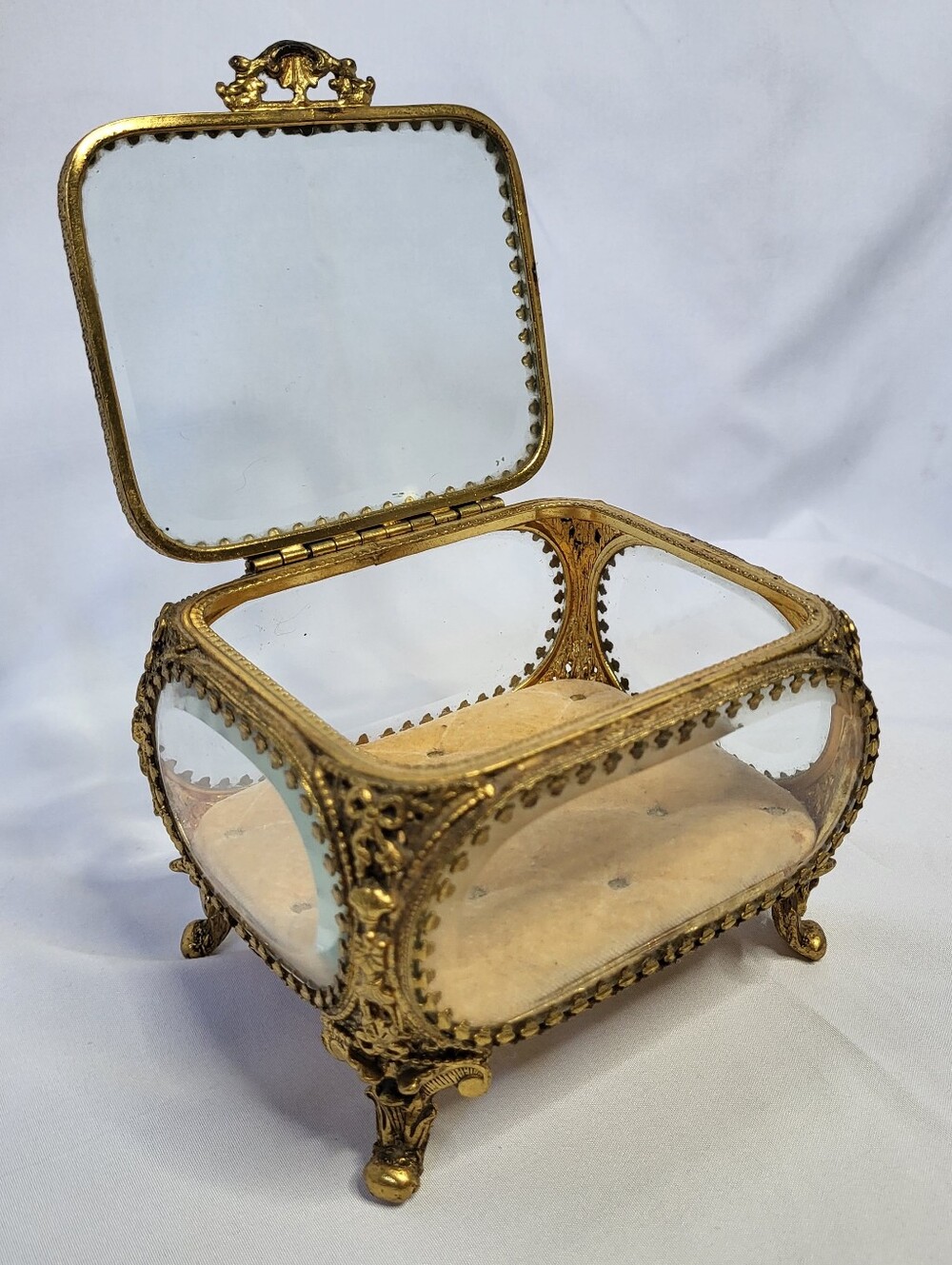 Vt Antique 5 Sided Gold Ormolu Filigree Glass Paneled Jewelry Casket Display Box